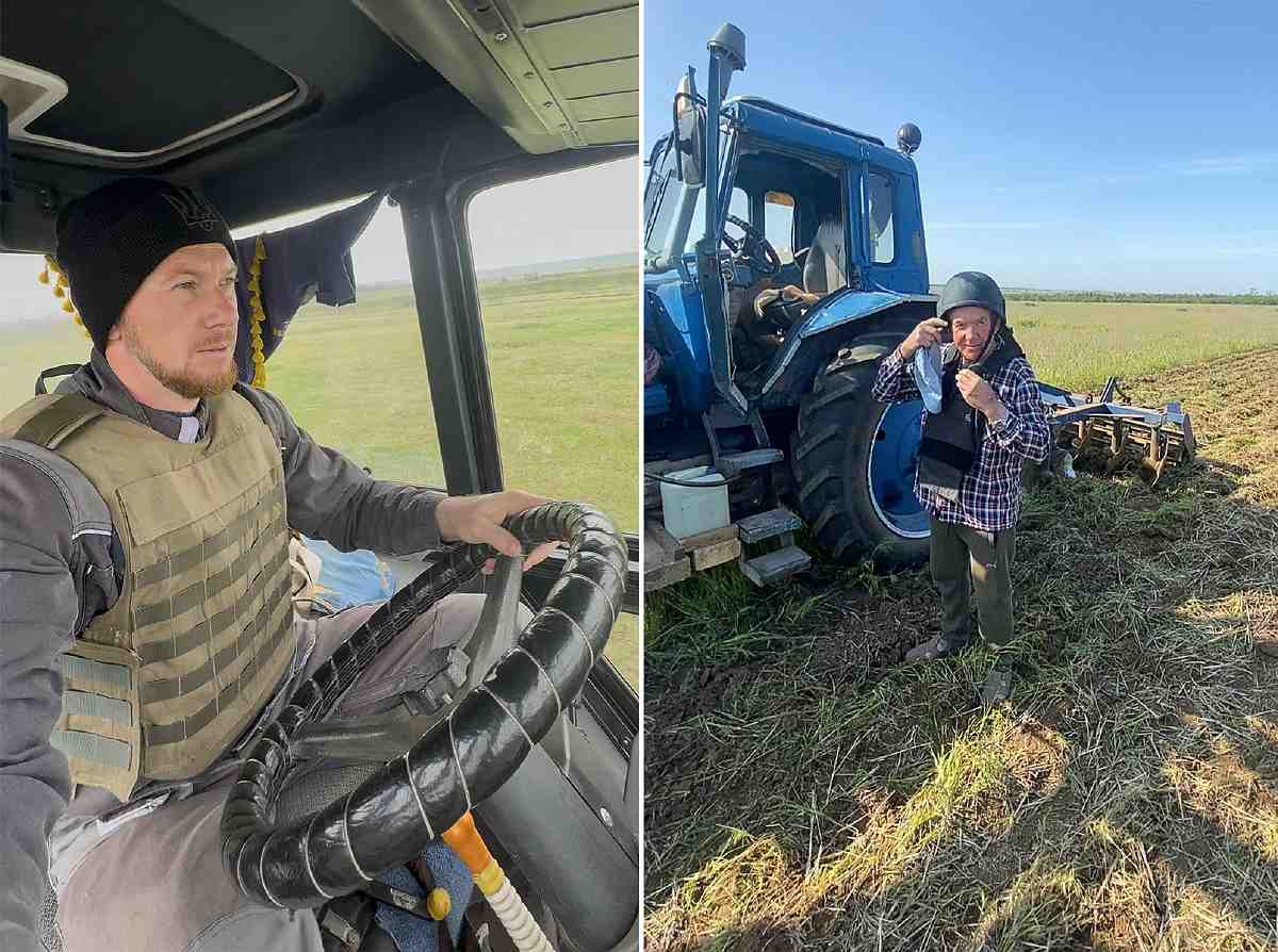 Син та батько працюють в полі в бронежилетах